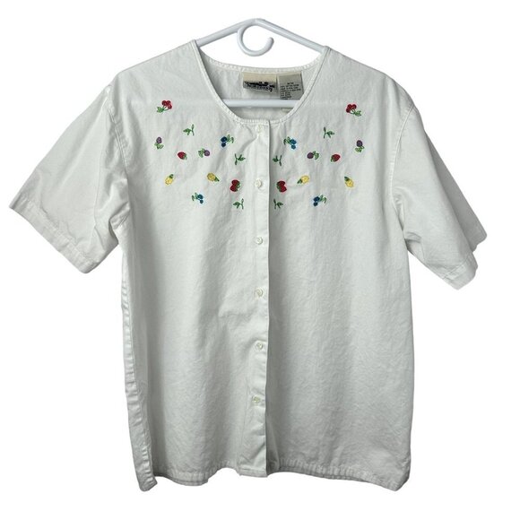 Northern Reflections Fruit Embroidered Short Sleeve Button Up Cotton Top Size M - Picture 1 of 9